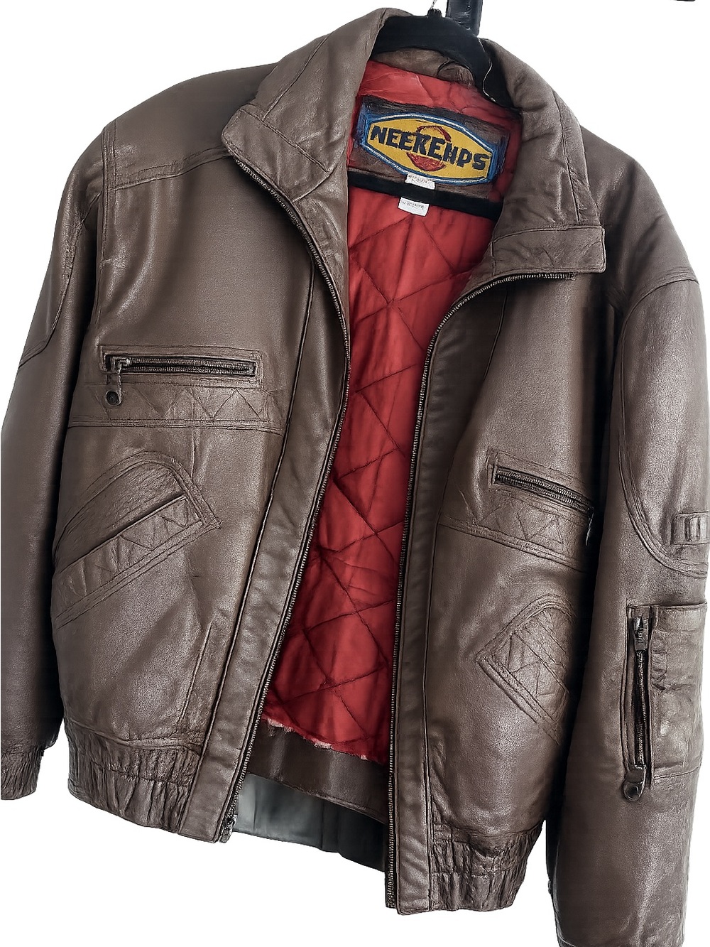 Vintage 80s Weekends Brown Leather Bomber-Jacket Quilted Lined Distressed Retro